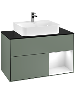 Villeroy und Boch Finion Villeroy und Boch F122GFGM 100cm, plaque de finition noir mat, étagère à droite Laque blanc brillant, Olive Matt Lacquer