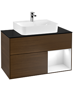 Villeroy und Boch Finion Waschtischunterschrank F122GFGN 100cm, Abdeckplatte black matt, Regal rechts Glossy white lacquer, Walnut veneer