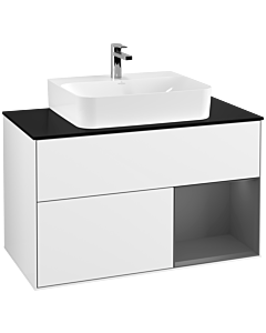 Villeroy und Boch Finion Waschtischunterschrank F122GKGF 100cm, Abdeckplatte black matt, Regal rechts Anthracite matt, Glossy white lacquer