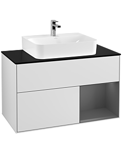 Villeroy und Boch Finion Waschtischunterschrank F122GKMT 100cm, Abdeckplatte black matt, Regal rechts Anthracite matt, White matt lacquer