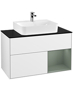 Villeroy und Boch Finion Waschtischunterschrank F122GMGF 100cm, Abdeckplatte black matt, Regal rechts Olive Matt Lacquer, Glossy white lacquer