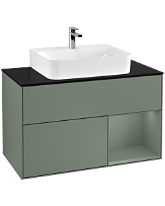Villeroy und Boch Finion Waschtischunterschrank F122GMGM 100cm, Abdeckplatte black matt, Regal rechts Olive Matt Lacquer, Olive Matt Lacquer