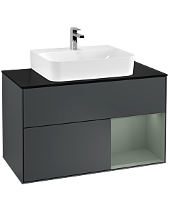 Villeroy und Boch Finion Waschtischunterschrank F122GMHG 100cm, Abdeckplatte black matt, Regal rechts Olive Matt Lacquer, Midnight Blue Matt Lacquer