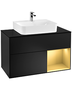 Villeroy und Boch Finion Waschtischunterschrank F122HFPD 100cm, Abdeckplatte black matt, Regal rechts Gold matt, Black matt lacquer