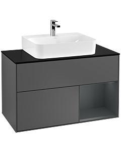 Villeroy und Boch Finion Waschtischunterschrank F122HGGK 100cm, Abdeckplatte black matt, Regal rechts Midnight Blue Matt Lacquer, Anthracite matt