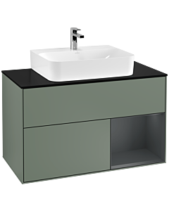 Villeroy und Boch Finion Waschtischunterschrank F122HGGM 100cm, Abdeckplatte black matt, Regal rechts Midnight Blue Matt Lacquer, Olive Matt Lacquer