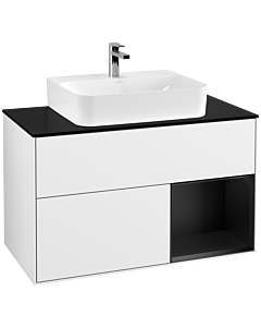 Villeroy und Boch Finion Waschtischunterschrank F122PDGF 100cm, Abdeckplatte black matt, Regal rechts Black matt lacquer, Glossy white lacquer