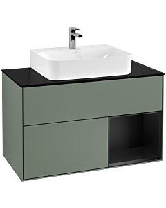 Villeroy und Boch Finion Waschtischunterschrank F122PDGM 100cm, Abdeckplatte black matt, Regal rechts Black matt lacquer, Olive Matt Lacquer