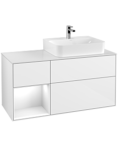 Villeroy und Boch Finion Villeroy und Boch F141GFGF 120cm, plaque de recouvrement verre blanc mat, étagère gauche laqué blanc brillant, laqué blanc brillant