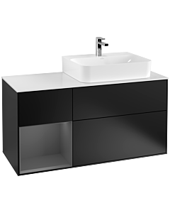 Villeroy und Boch Finion Villeroy und Boch F141GKPD 120cm, plaque de recouvrement verre blanc mat, étagère gauche anthracite mat, laqué noir mat