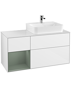 Villeroy und Boch Finion Villeroy und Boch F141GMGF 120cm, plaque de recouvrement verre blanc mat, étagère gauche Olive Matt Lacquer , laqué blanc brillant