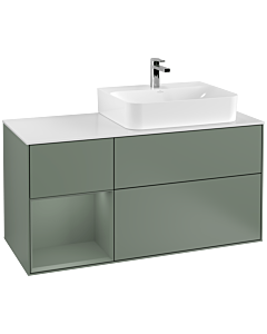 Villeroy und Boch Finion Waschtischunterschrank F141GMGM 120cm, Abdeckplatte glass white Matt, Regal links Olive Matt Lacquer, Olive Matt Lacquer