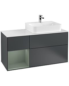 Villeroy und Boch Finion Waschtischunterschrank F141GMHG 120cm, Abdeckplatte glass white Matt, Regal links Olive Matt Lacquer, Midnight Blue Matt Lacquer