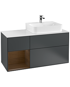 Villeroy und Boch Finion Waschtischunterschrank F141GNHG 120cm, Abdeckplatte glass white Matt, Regal links Walnut veneer, Midnight Blue Matt Lacquer
