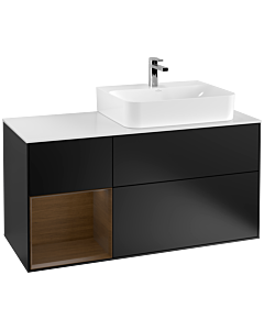 Villeroy und Boch Finion Villeroy und Boch F141GNPD 120cm, couvercle en verre blanc mat, étagère gauche placage noyer, laqué noir mat