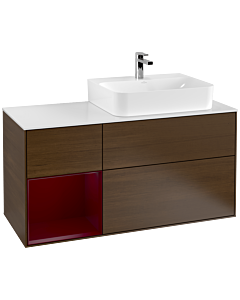 Villeroy und Boch Finion Waschtischunterschrank F141HBGN 120cm, Abdeckplatte glass white Matt, Regal links Peony, Walnut veneer
