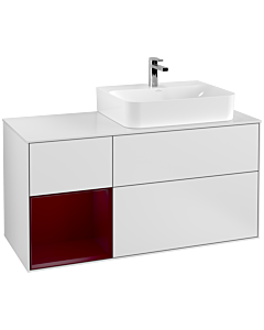 Villeroy und Boch Finion Waschtischunterschrank F141HBMT 120cm, Abdeckplatte glass white Matt, Regal links Peony, White matt lacquer