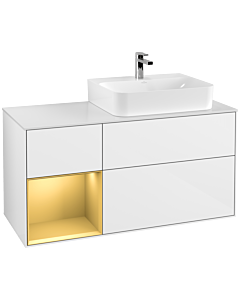 Villeroy und Boch Finion Waschtischunterschrank F141HFGF 120cm, Abdeckplatte glass white Matt, Regal links Gold matt, Glossy white lacquer