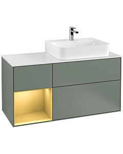 Villeroy und Boch Finion Villeroy und Boch F141HFGM 120cm, plaque de recouvrement verre blanc mat, étagère gauche or mat, Olive Matt Lacquer