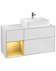 Villeroy und Boch Finion Villeroy und Boch F141HFMT 120cm, plaque de recouvrement verre blanc mat, étagère gauche or mat, laqué blanc mat