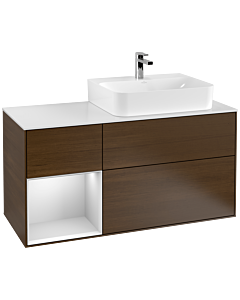 Villeroy und Boch Finion Waschtischunterschrank F141MTGN 120cm, Abdeckplatte glass white Matt, Regal links White matt lacquer, Walnut veneer