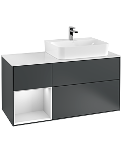 Villeroy und Boch Finion Waschtischunterschrank F141MTHG 120cm, Abdeckplatte glass white Matt, Regal links White matt lacquer, Midnight Blue Matt Lacquer