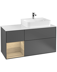 Villeroy und Boch Finion Waschtischunterschrank F141PCGK 120cm, Abdeckplatte glass white Matt, Regal links Oak Veneer, Anthracite matt