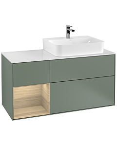 Villeroy und Boch Finion Waschtischunterschrank F141PCGM 120cm, Abdeckplatte glass white Matt, Regal links Oak Veneer, Olive Matt Lacquer