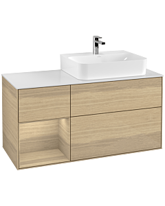 Villeroy und Boch Finion Waschtischunterschrank F141PCPC 120cm, Abdeckplatte glass white Matt, Regal links Oak Veneer, Oak Veneer