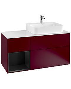 Villeroy und Boch Finion Villeroy und Boch F141PDHB 120cm, plaque de recouvrement verre blanc mat, étagère gauche laqué noir mat, Peony Matt