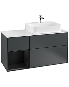 Villeroy und Boch Finion Waschtischunterschrank F141PDHG 120cm, Abdeckplatte glass white Matt, Regal links Black matt lacquer, Midnight Blue Matt Lacquer