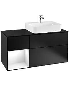 Villeroy und Boch Finion Waschtischunterschrank F142GFPD 120cm, Abdeckplatte Glass Black Matt, Regal links Glossy white lacquer, Black matt lacquer