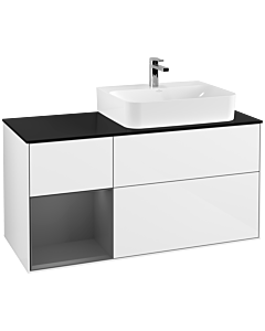 Villeroy und Boch Finion Waschtischunterschrank F142GKGF 120cm, Abdeckplatte Glass Black Matt, Regal links Anthracite matt, Glossy white lacquer