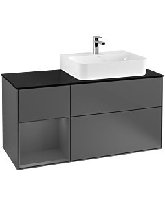Villeroy und Boch Finion Waschtischunterschrank F142GKGK 120cm, Abdeckplatte Glass Black Matt, Regal links Anthracite matt, Anthracite matt