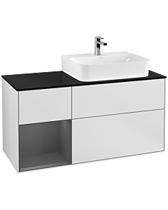 Villeroy und Boch Finion Waschtischunterschrank F142GKMT 120cm, Abdeckplatte Glass Black Matt, Regal links Anthracite matt, White matt lacquer