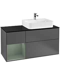Villeroy und Boch Finion Waschtischunterschrank F142GMGK 120cm, Abdeckplatte Glass Black Matt, Regal links Olive Matt Lacquer, Anthracite matt