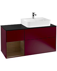 Villeroy und Boch Finion Waschtischunterschrank F142GNHB 120cm, Abdeckplatte Glass Black Matt, Regal links Walnut veneer, Peony Matt