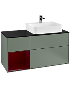 Villeroy und Boch Finion Waschtischunterschrank F142HBGM 120cm, Abdeckplatte Glass Black Matt, Regal links Peony, Olive Matt Lacquer