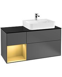 Villeroy und Boch Finion Waschtischunterschrank F142HFGK 120cm, Abdeckplatte Glass Black Matt, Regal links Gold matt, Anthracite matt