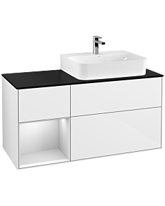 Villeroy und Boch Finion Waschtischunterschrank F142MTGF 120cm, Abdeckplatte Glass Black Matt, Regal links White matt lacquer, Glossy white lacquer