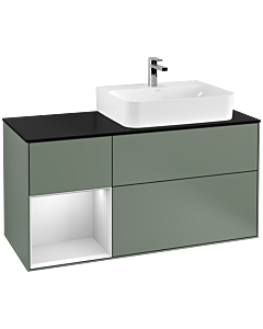 Villeroy und Boch Finion Waschtischunterschrank F142MTGM 120cm, Abdeckplatte Glass Black Matt, Regal links White matt lacquer, Olive Matt Lacquer