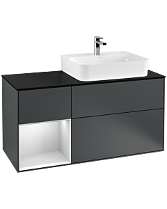 Villeroy und Boch Finion Waschtischunterschrank F142MTHG 120cm, Abdeckplatte Glass Black Matt, Regal links White matt lacquer, Midnight Blue Matt Lacquer