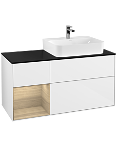 Villeroy und Boch Finion Waschtischunterschrank F142PCGF 120cm, Abdeckplatte Glass Black Matt, Regal links Oak Veneer, Glossy white lacquer