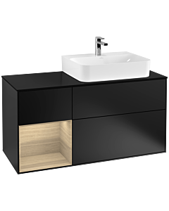 Villeroy und Boch Finion Waschtischunterschrank F142PCPD 120cm, Abdeckplatte Glass Black Matt, Regal links Oak Veneer, Black matt lacquer