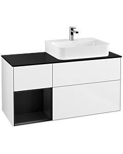 Villeroy und Boch Finion Waschtischunterschrank F142PDGF 120cm, Abdeckplatte Glass Black Matt, Regal links Black matt lacquer, Glossy white lacquer