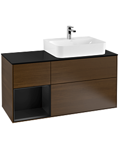 Villeroy und Boch Finion Waschtischunterschrank F142PDGN 120cm, Abdeckplatte Glass Black Matt, Regal links Black matt lacquer, Walnut veneer