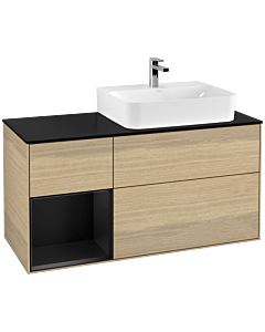Villeroy und Boch Finion Waschtischunterschrank F142PDPC 120cm, Abdeckplatte Glass Black Matt, Regal links Black matt lacquer, Oak Veneer