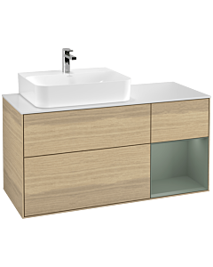 Villeroy und Boch Finion Waschtischunterschrank F151GMPC 120cm, Abdeckplatte white matt, Regal rechts Olive Matt Lacquer, Oak Veneer