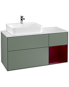 Villeroy und Boch Finion Waschtischunterschrank F151HBGM 120cm, Abdeckplatte white matt, Regal rechts Peony, Olive Matt Lacquer