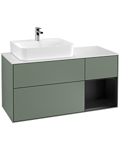 Villeroy und Boch Finion Villeroy und Boch F151PDGM 120cm, plaque de finition blanc mat, étagère à droite laqué noir mat, Olive Matt Lacquer